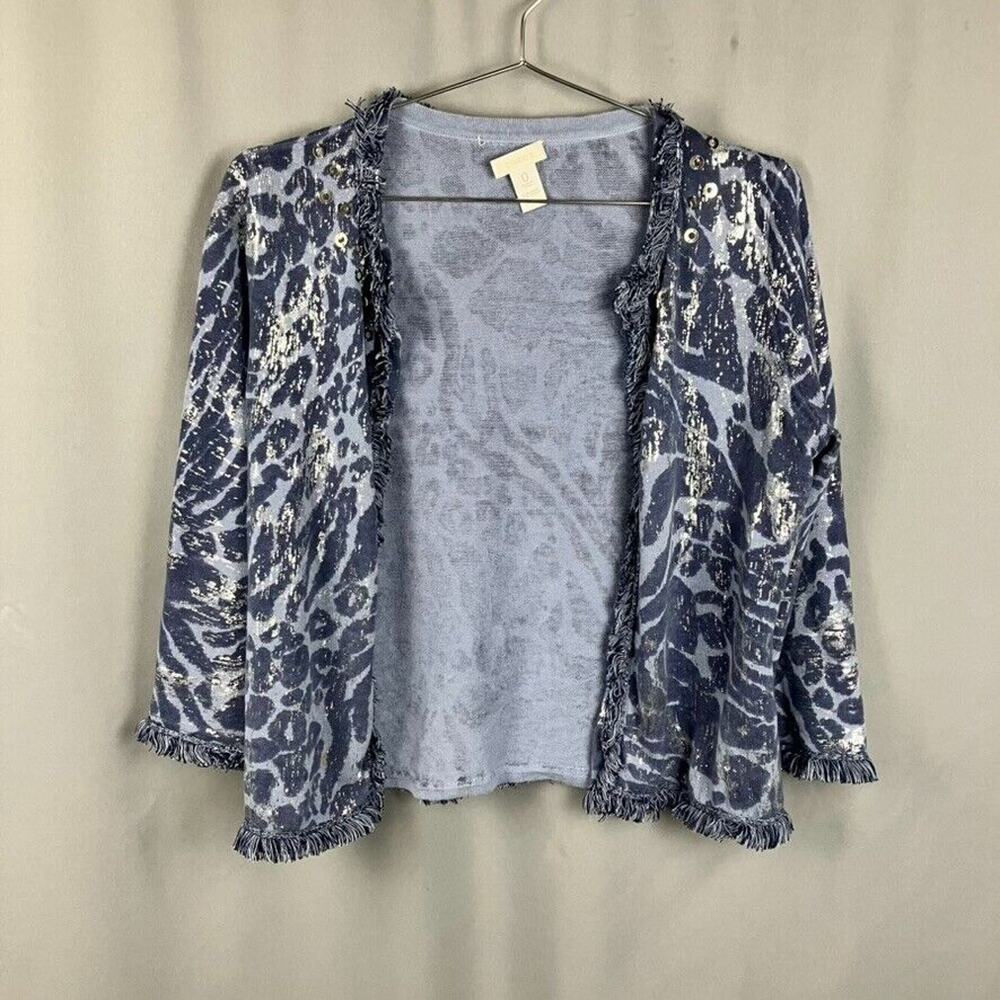 Chicos Linen Blend Cardigan Womens 0/S Blue Animal Print Metallic Foiled Fringe